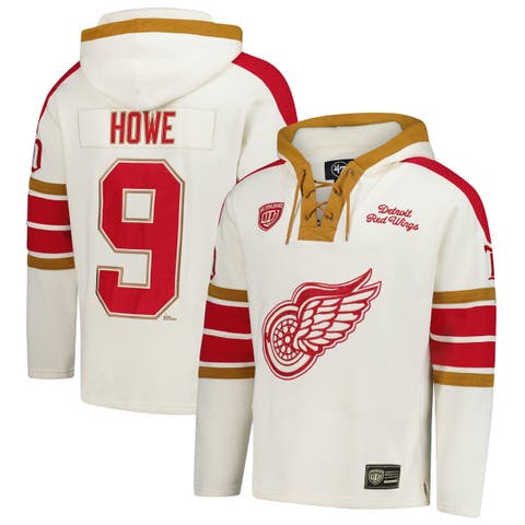 Men's '47 Gordie Howe Cream Detroit Red Wings Blue Line Heritage Name & Number Lace-Up Pullover Hoodie