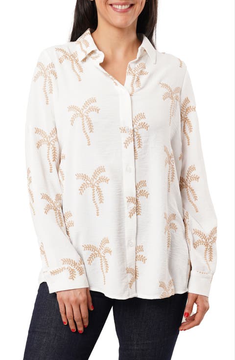 Palm Tree Embroidered Button-Up Shirt