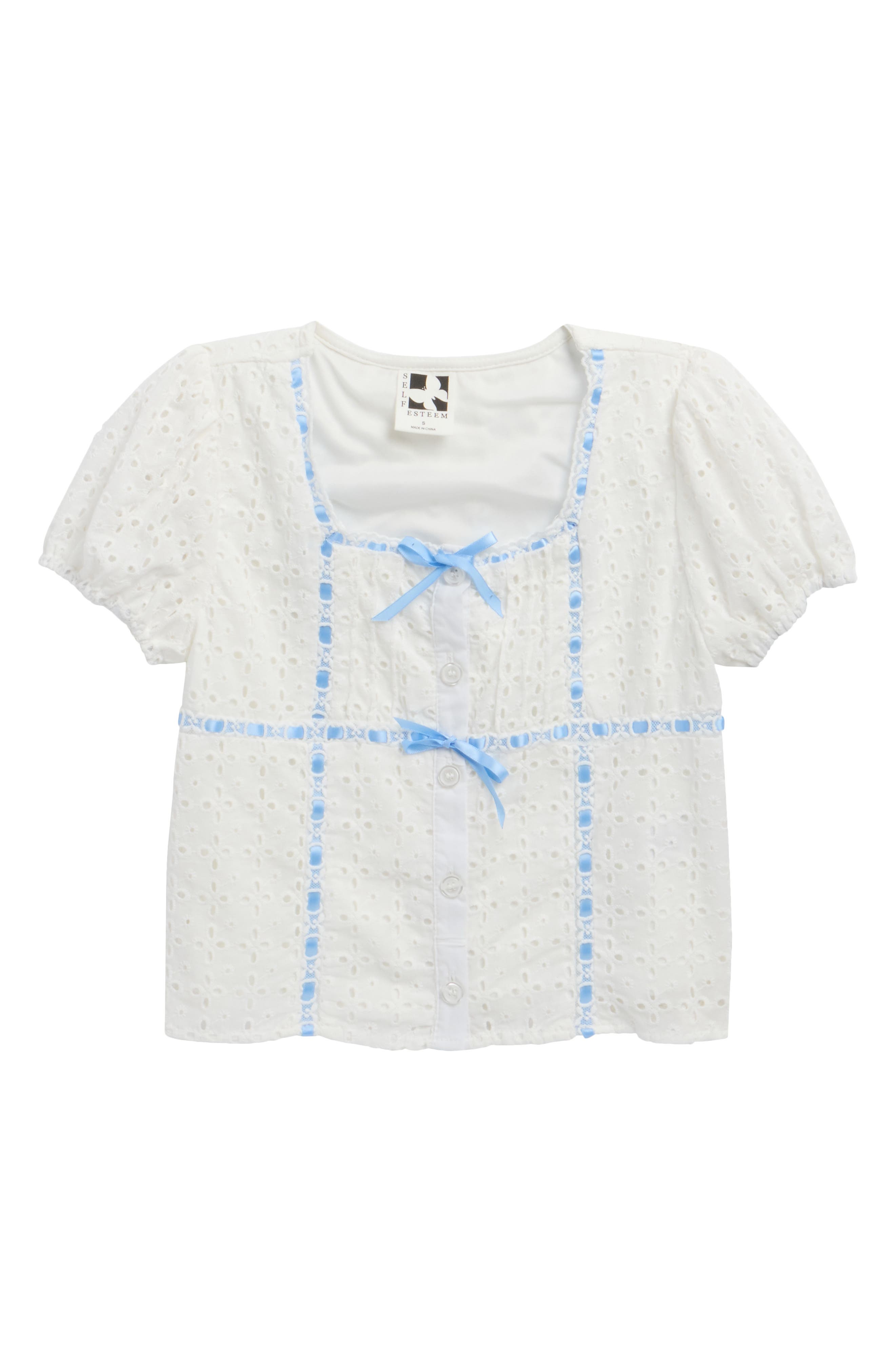 SELF ESTEEM Kids' Bow Trim Cotton Eyelet Top