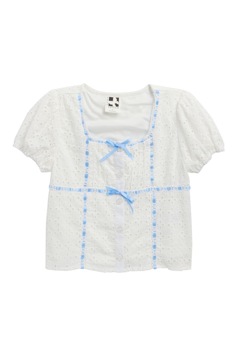 Kids' Bow Trim Cotton Eyelet Top, Main, color, WHITE
