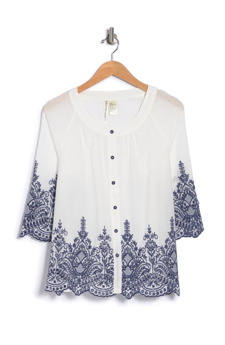 Forgotten Grace Button Front 3/4 Sleeve Embroidered Blouse, Alternate, color, 