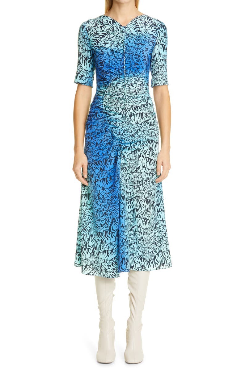 Stella McCartney Ombré Word Print Ruched Silk Midi Dress, Main, color, 