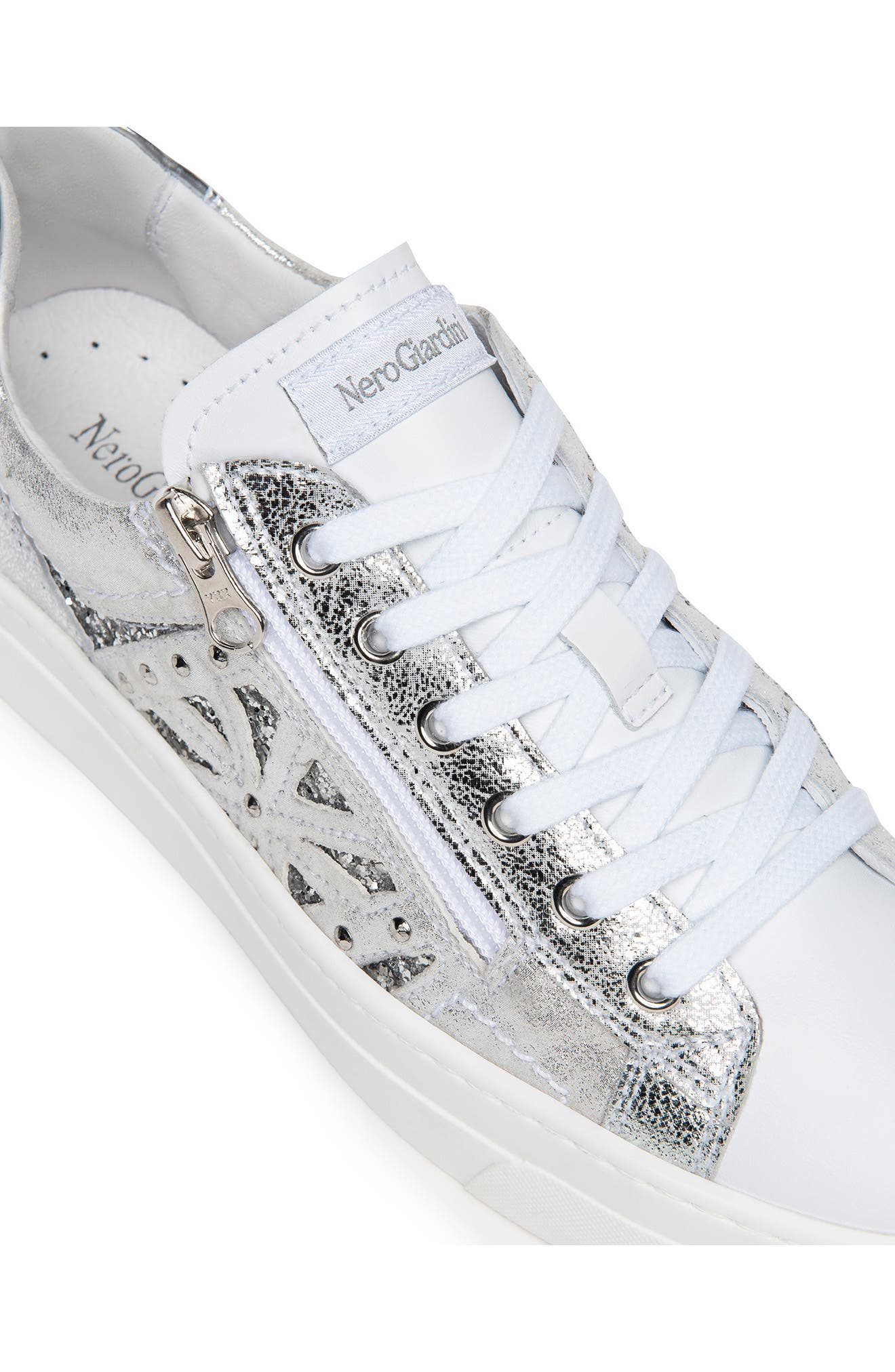 NeroGiardini Metallic Side Zip Platform Sneaker, Alternate, color, White