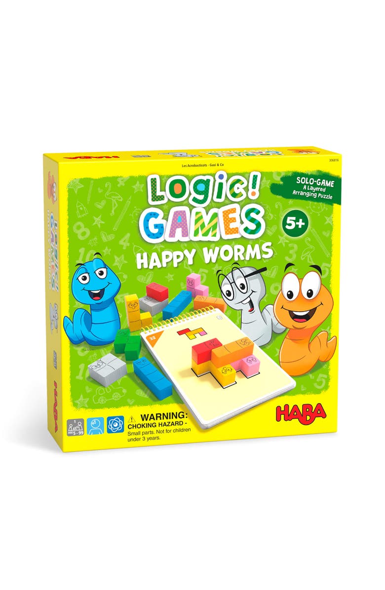 HABA Logic! Games Happy Worms - Children's Board Game for 5+ with 60 Solo Brain Teasers and Puzzle Fun to Develop Fine Motor Skills, Made in Germany, Main, color, Multi