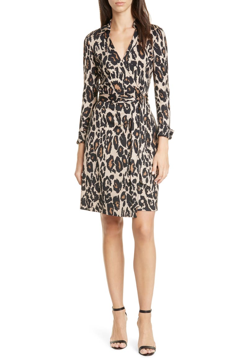 New Jeanne Two Long Sleeve Silk Wrap Dress, Main, color, LEOPARD CAT SAND