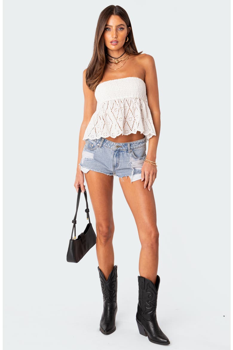Lacey Scrunch Strapless Top, Alternate, color, WHITE