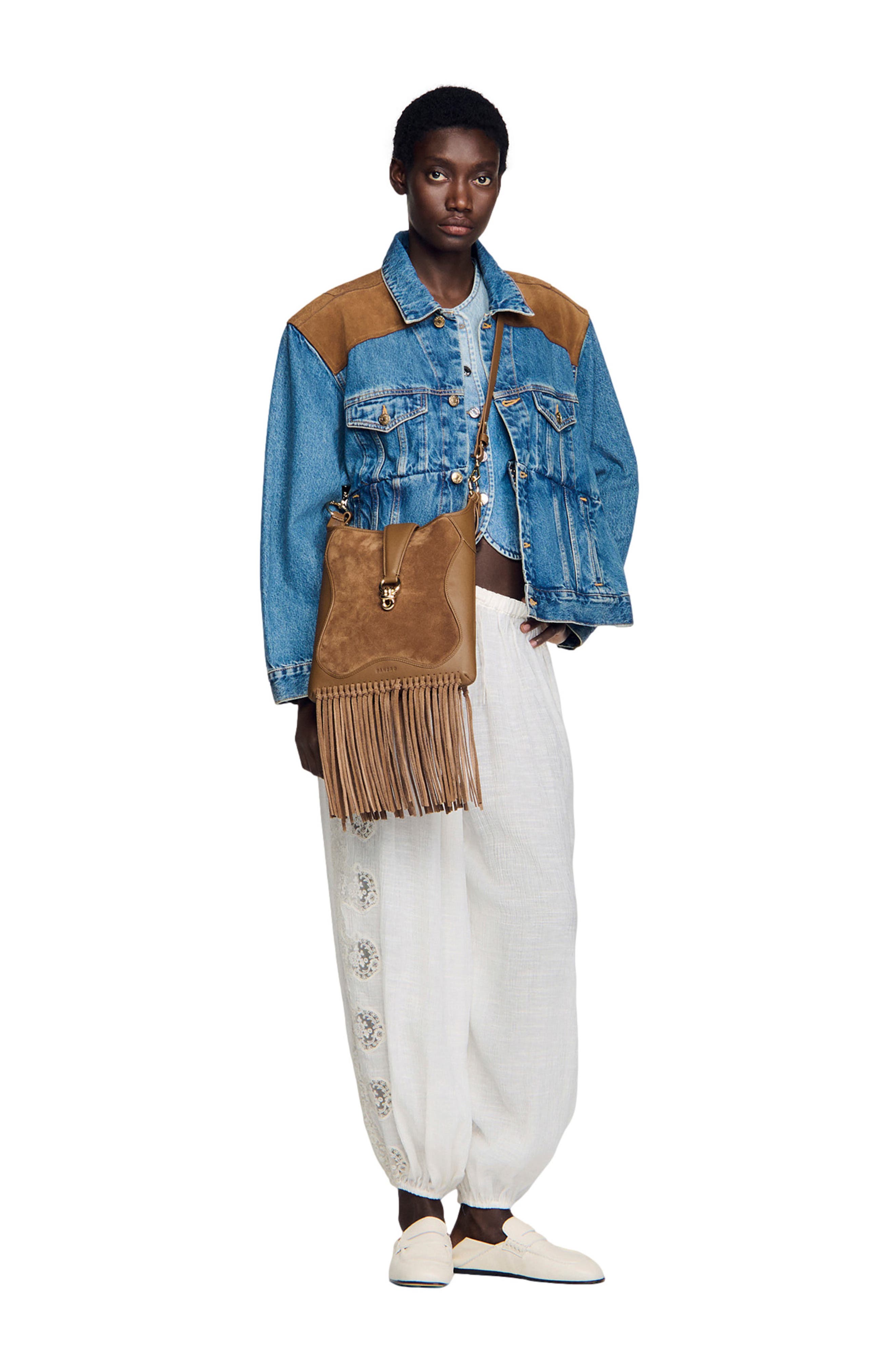 SANDRO Leather and suede fringe bag, Alternate, color, Camel