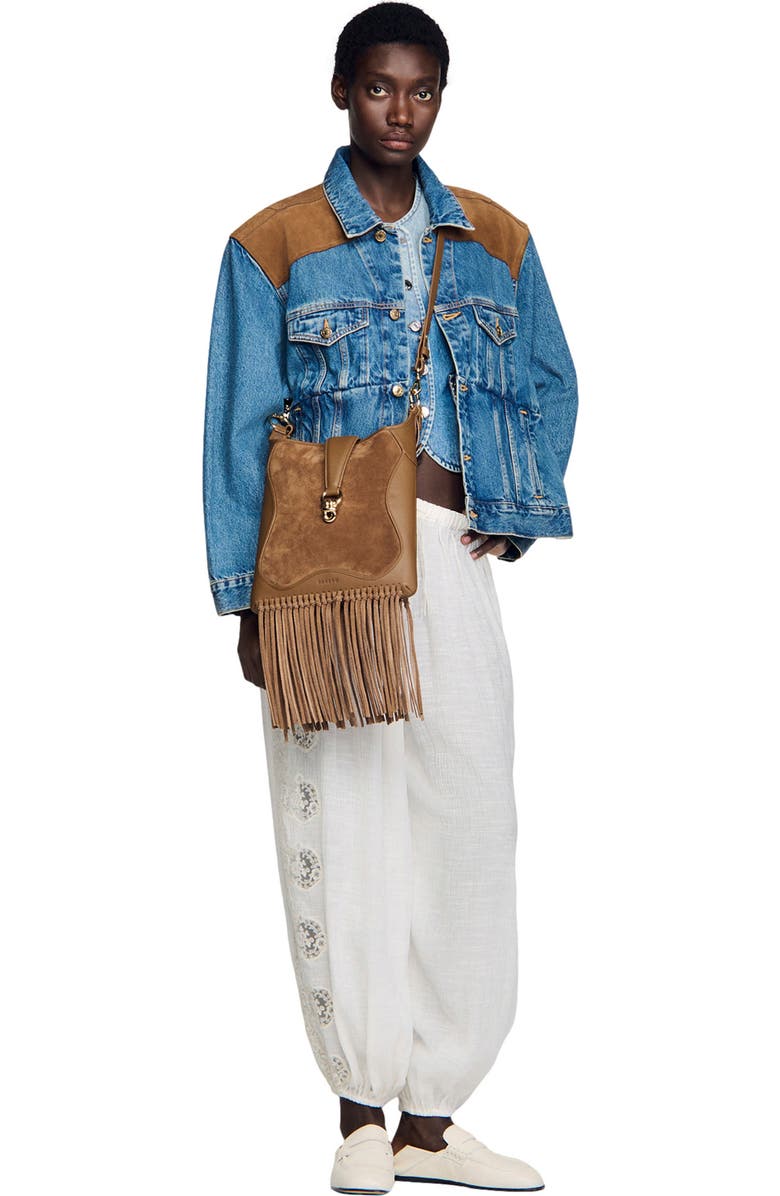 SANDRO Leather and suede fringe bag, Alternate, color, Camel