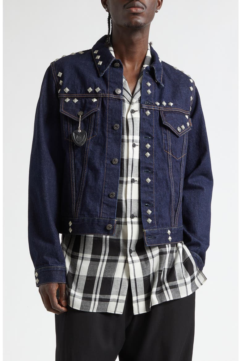 Studded HTC Denim Trucker Jacket, Main, color, BLUE