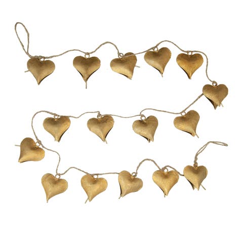 Metal Heart Shaped Bell Garland with Jute Cord, Gold Finish