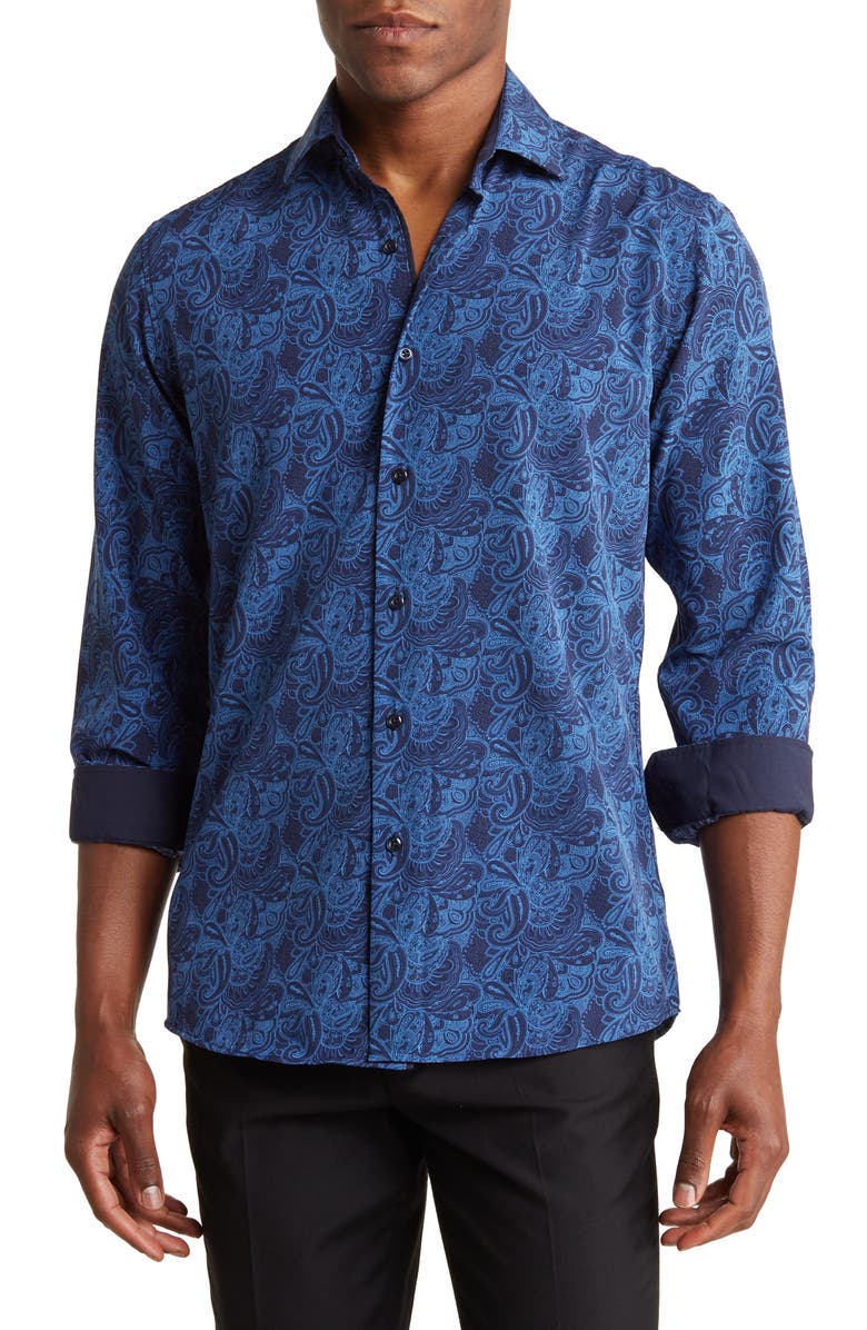 TOM BAINE Slim Fit Paisley Long Sleeve Button-Up Dress Shirt, Main, color, Blue