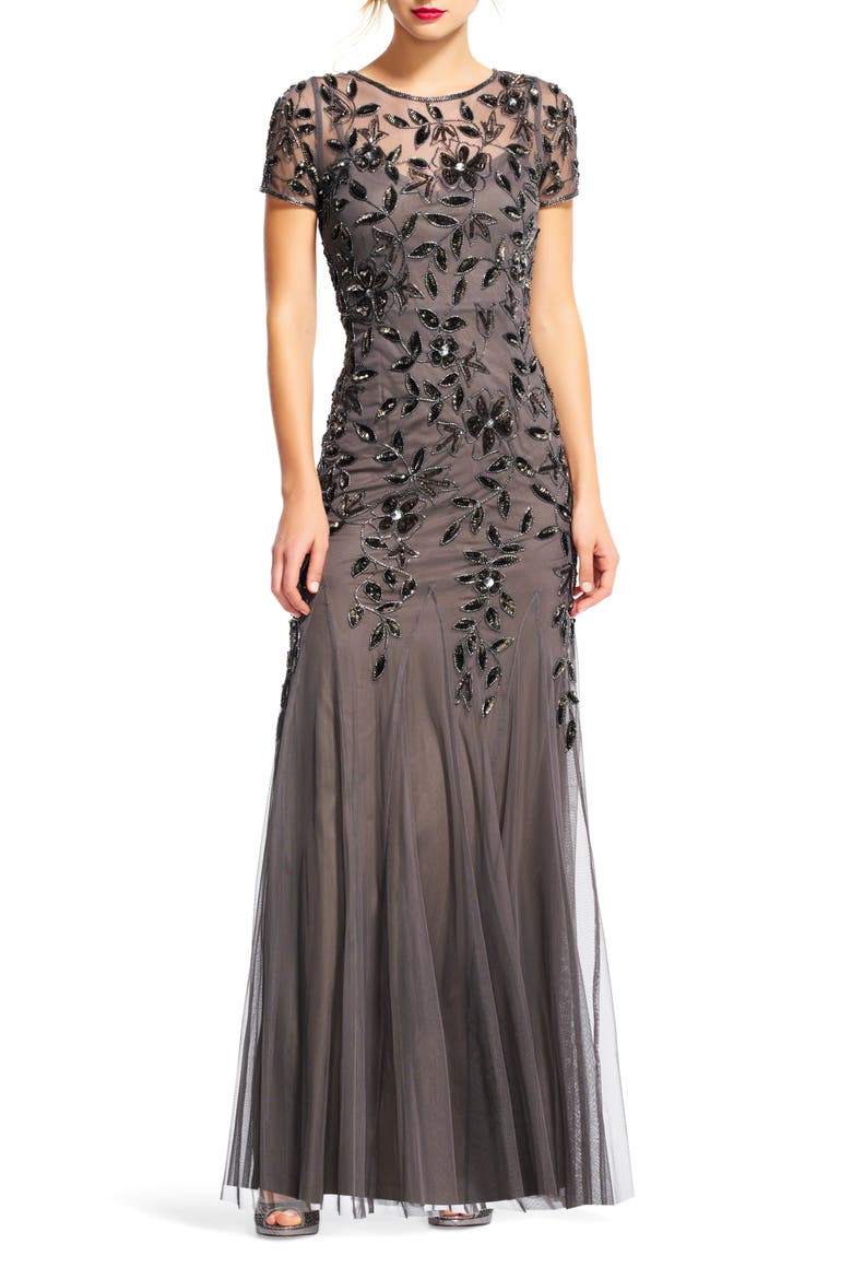 Floral Embroidered Beaded Trumpet Gown, Main, color, LEAD