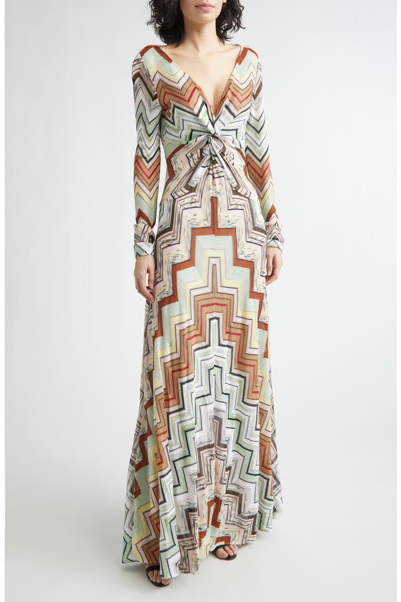 Long Sleeve Twist Front Zigzag Knit Maxi Dress, Alternate, color, MULTI GREEN CAMEL WHITE PINK