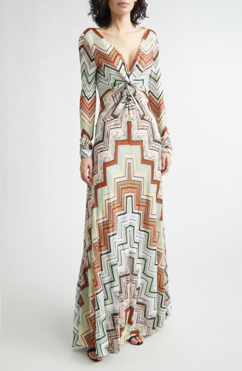 Long Sleeve Twist Front Zigzag Knit Maxi Dress