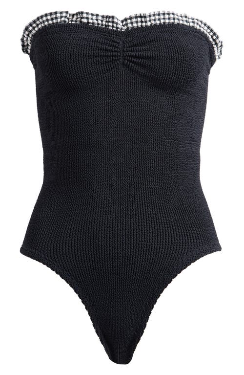 Hunza G 'dolly' Black Swimsuit With Ruched Sweetheart Neckline And Check Embellishment On The Neckline In Black