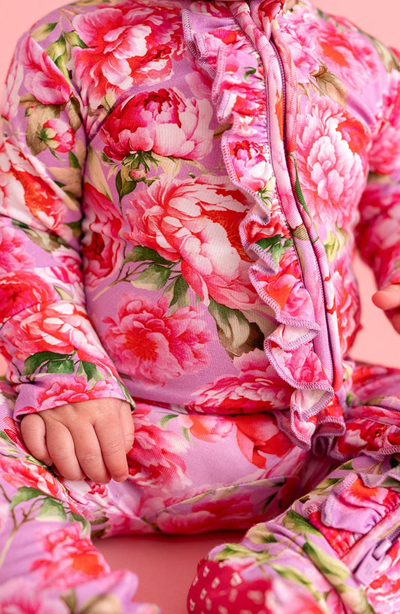 Posh Peanut Francoise Peony Print Ruffle Footie, Alternate, color, Purple
