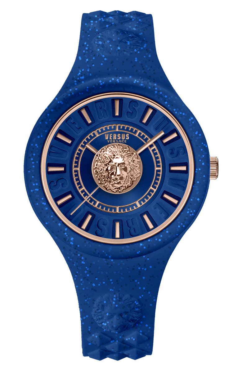 VERSUS Versace Versace Women's Fire Island Lion Glitter Blue Dial Lion Head Stainless Steel Case Silicone Strap Watch, 39mm, Main, color, Blue