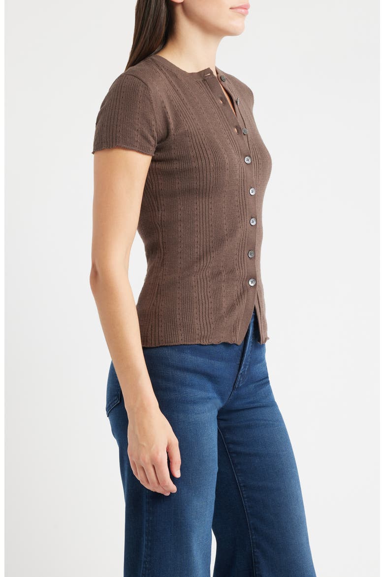 Short Sleeve Pointelle Cotton Blend Cardigan, Alternate, color, ROASTED CHICKORY