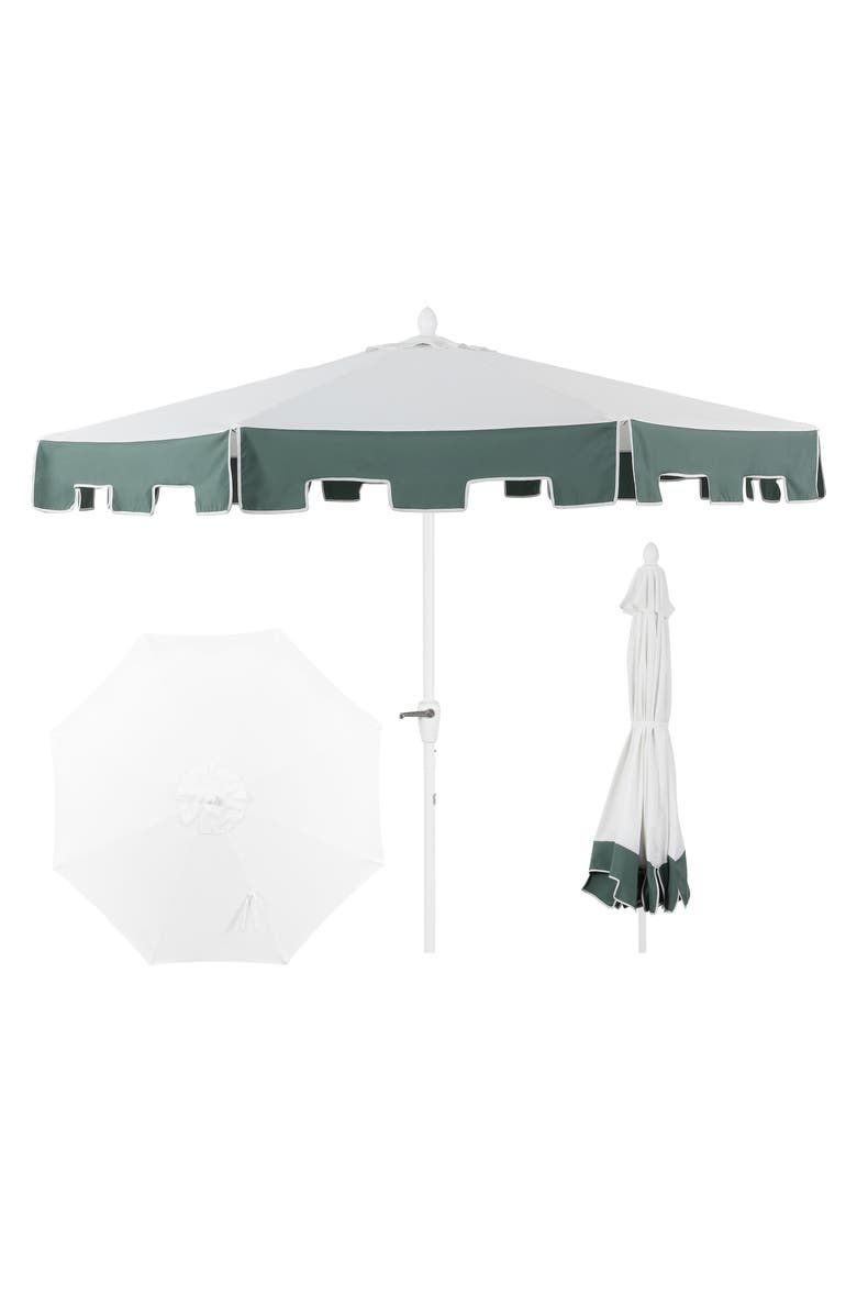 JONATHAN Y Baiona Coastal Octagon Aluminum Market Outdoor Patio Umbrella with Crank Lift and Tilt, UV-Resistant Square Trim Canopy, Main, color, White/Green