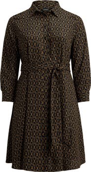 Lauren Ralph Lauren Chain Print Tie Waist Long Sleeve Crepe Shirtdress