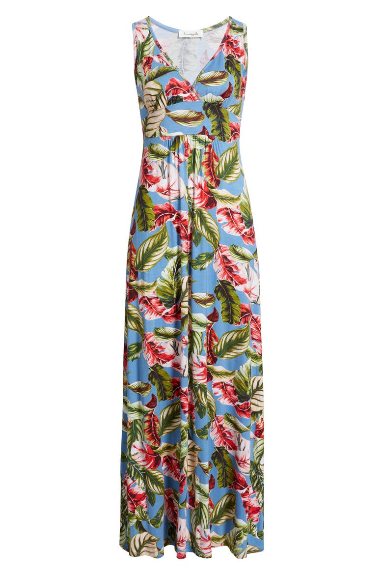 Palm Print Sleeveless Jersey Maxi Dress, Alternate, color, BLUE/ CORAL