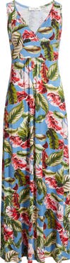 Loveappella Palm Print Sleeveless Jersey Maxi Dress