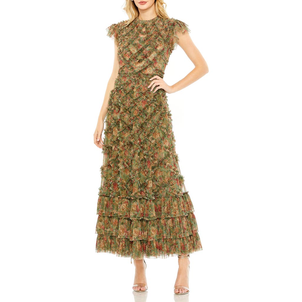 Mac Duggal Ruffle Midi-dress In Green Multi