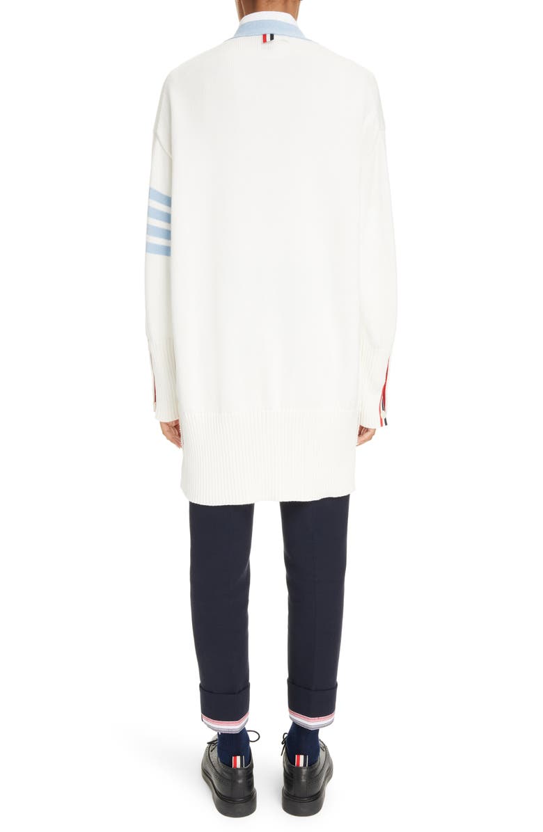 Thom Browne 4-Bar Oversize Cotton V-Neck Cardigan, Alternate, color, 