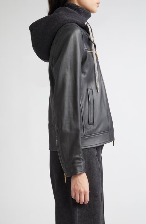 Eleventy Leather Biker Jacket With Removable Hooded Bib In Black