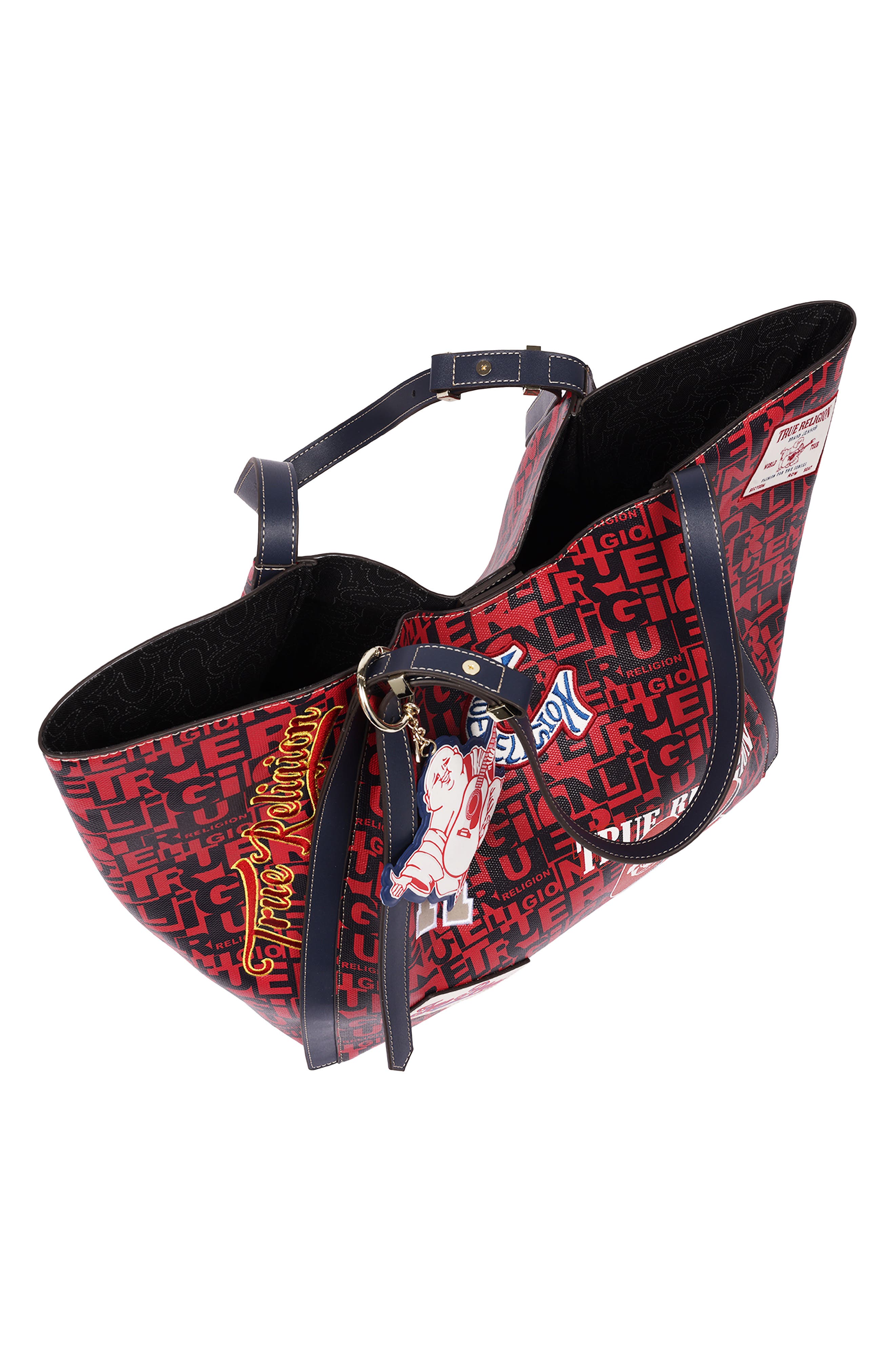 Multi Patch Faux Leather Graphic Tote, Alternate, color, RED