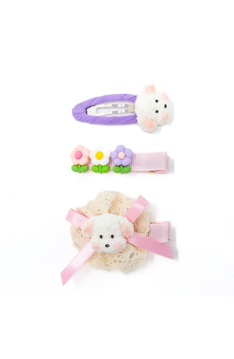 Puttisu 3pc Hair Clip Set - Puppy Blossom Pals, Main, color, Lilac Puppy Garden - Lavender