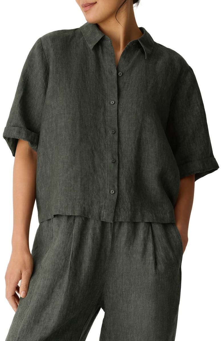 Eileen Fisher Linen Elbow Sleeve Button-Up Shirt, Main, color, Bay Leaf