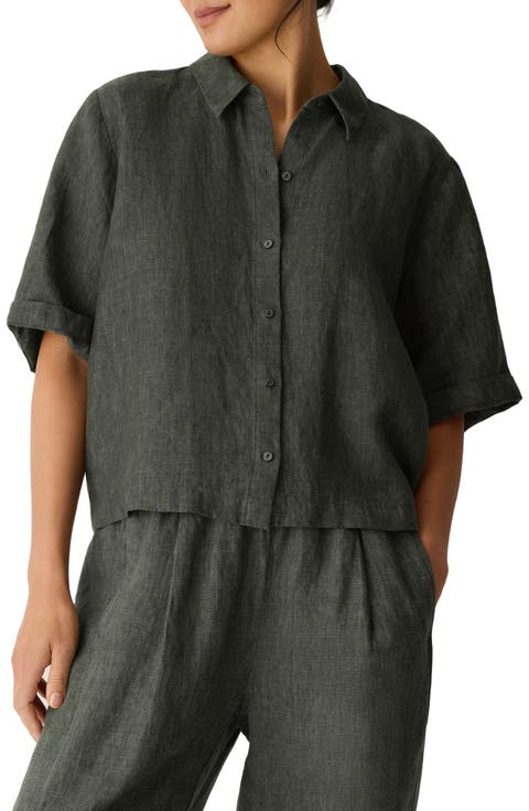 Linen Elbow Sleeve Button-Up Shirt