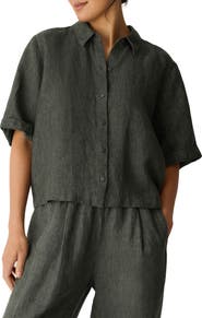 Eileen Fisher Linen Elbow Sleeve Button-Up Shirt