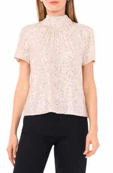 CeCe Sequin Mock Neck Top