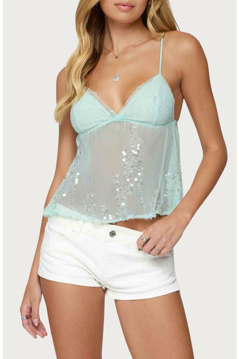 Sheer Sequin Mesh Babydoll Camisole, Main, color, TURQUOISE