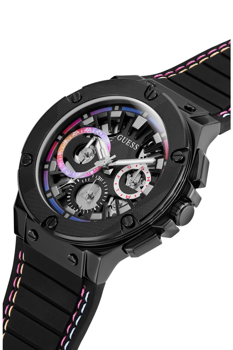 Ombré Multifunction Silicone Strap Watch, 44mm, Alternate, color, BLACK/BLACK/BLACK