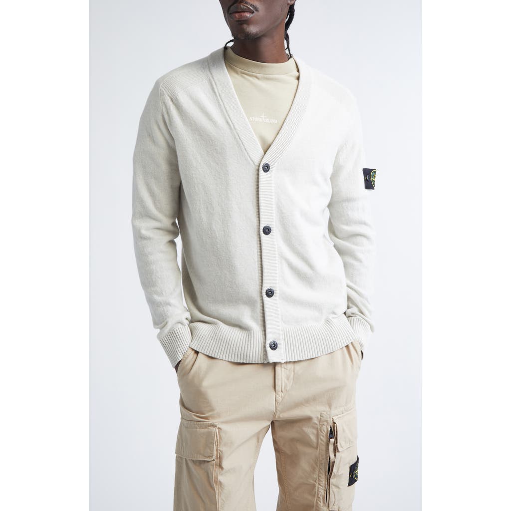 Stone Island Compass Logo Patch Virgin Wool Cardigan in V0M93 Ivory Melange  product