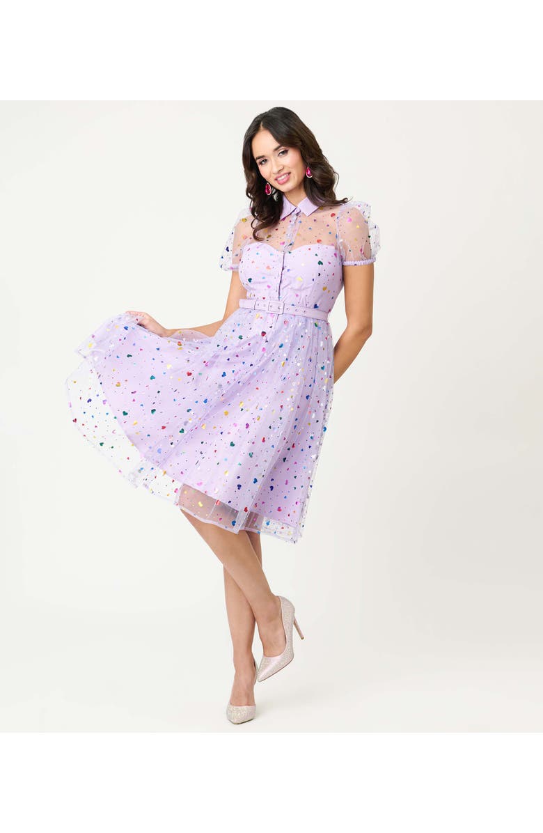 Unique Vintage 1950s Short Sleeve Collared Hollie Swing Dress, Main, color, Purple Heart Confetti