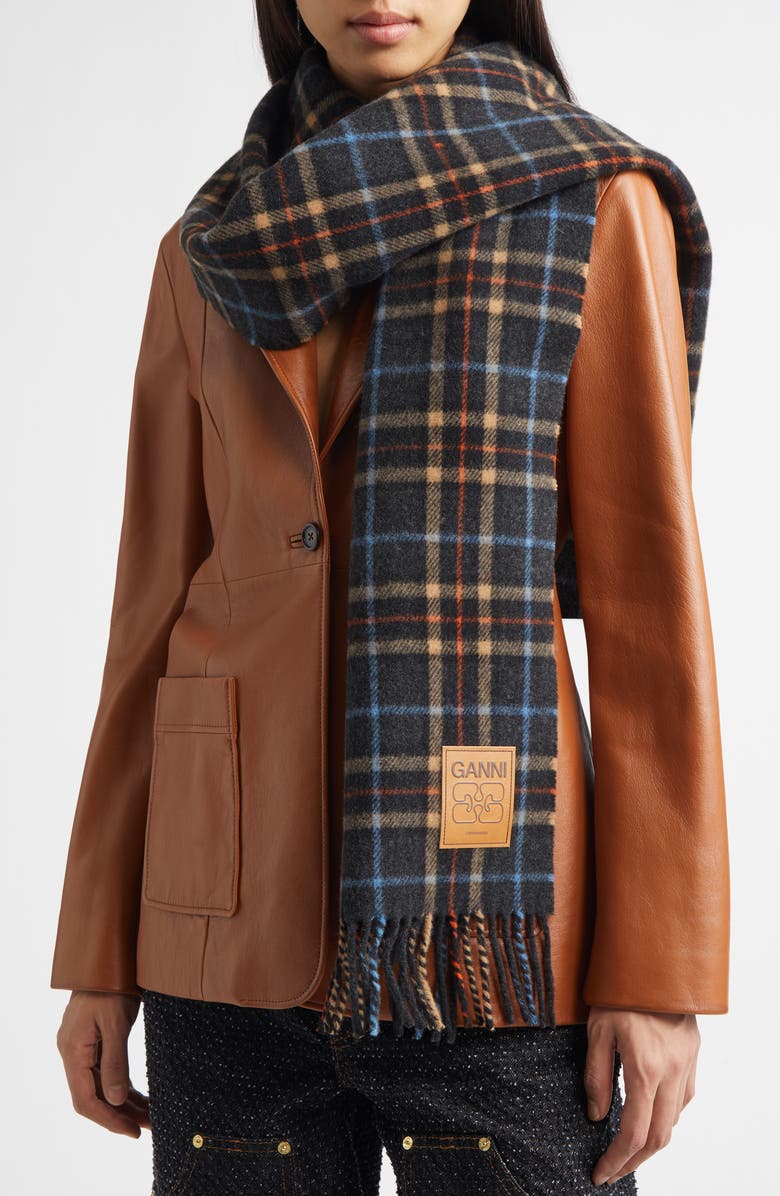 Ganni Check Double Face Wool Scarf, Main, color, Charcoal Grey