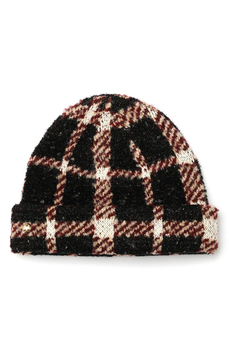 Kate Spade New York Park Ave Plaid Beanie, Main, color, Black