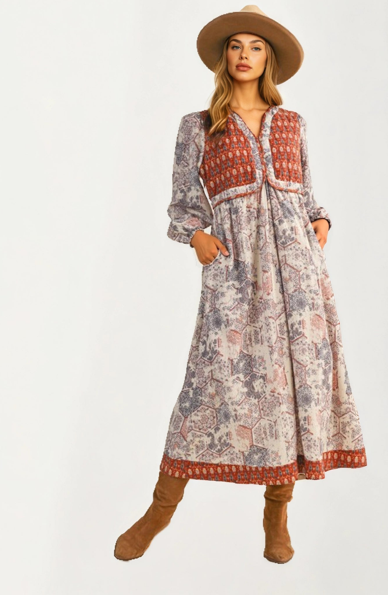 Knit and Lounge Patchwork Print Relaxed Fit Long Sleeve Maxi Dress, Alternate, color, 