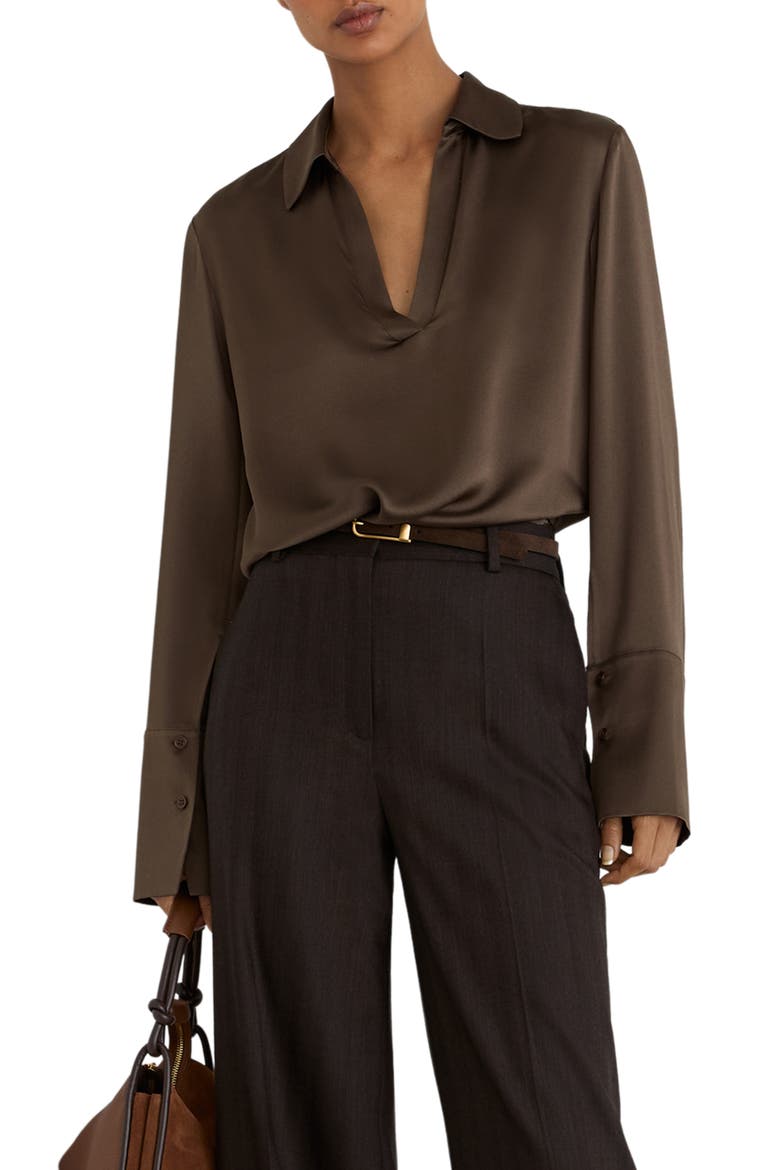 Marina V-Neck Silk Top, Main, color, MOCHA BROWN