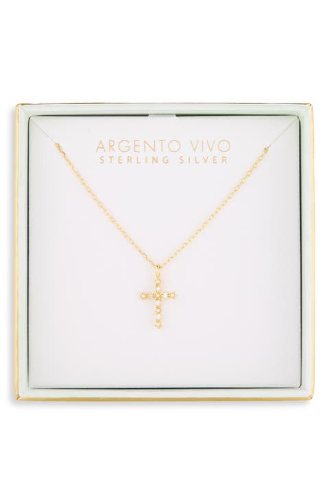 Imitation Pearl and Cubic Zirconia Cross Pendant Necklace