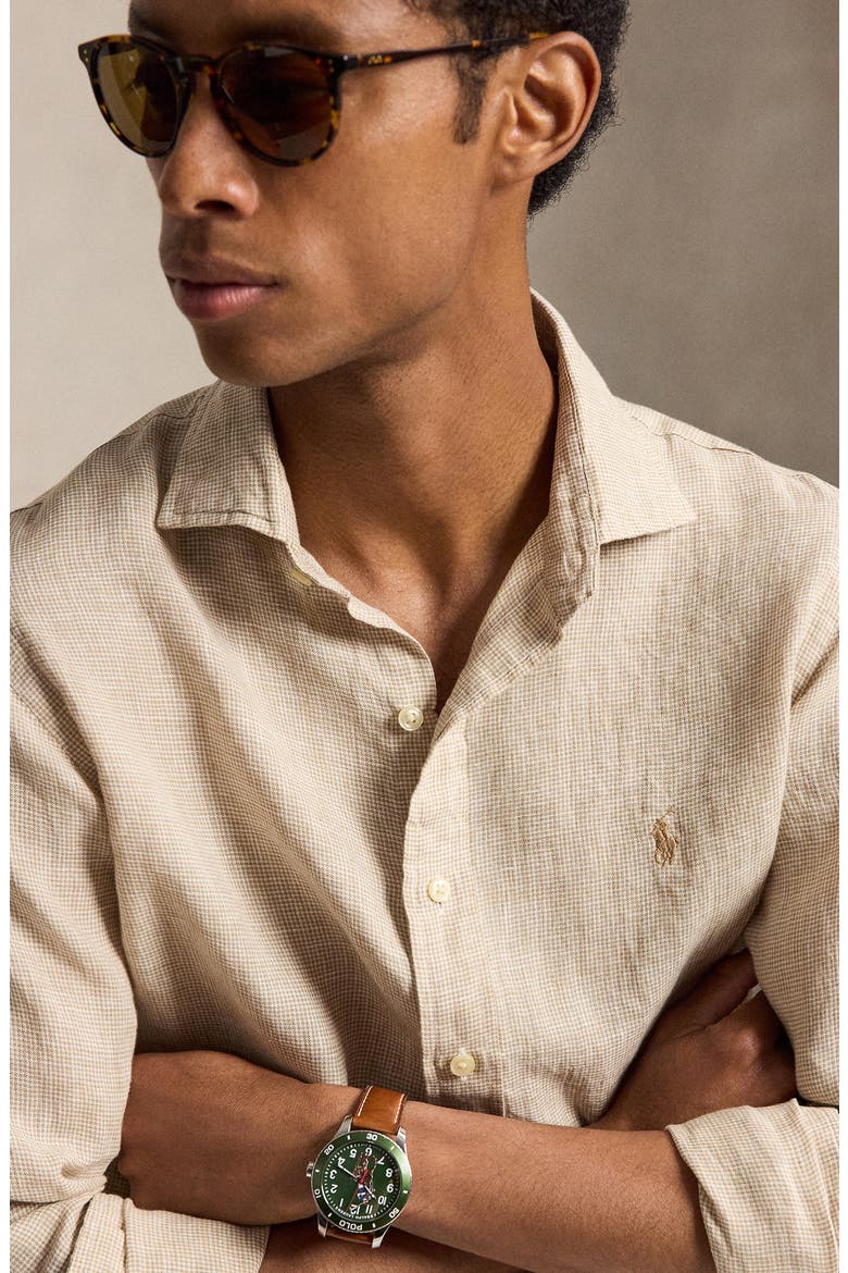 Classic Fit Houndstooth Linen Button-Up Shirt, Alternate, color, 6555H COASTAL BEIGE/WHITE