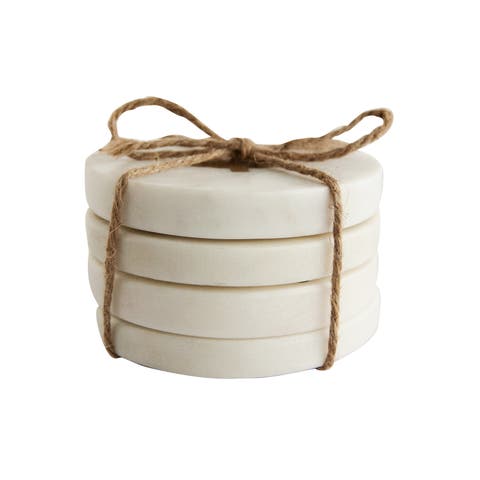 Round Marble Coasters with Brass Tree Inlay, White, Set of 4