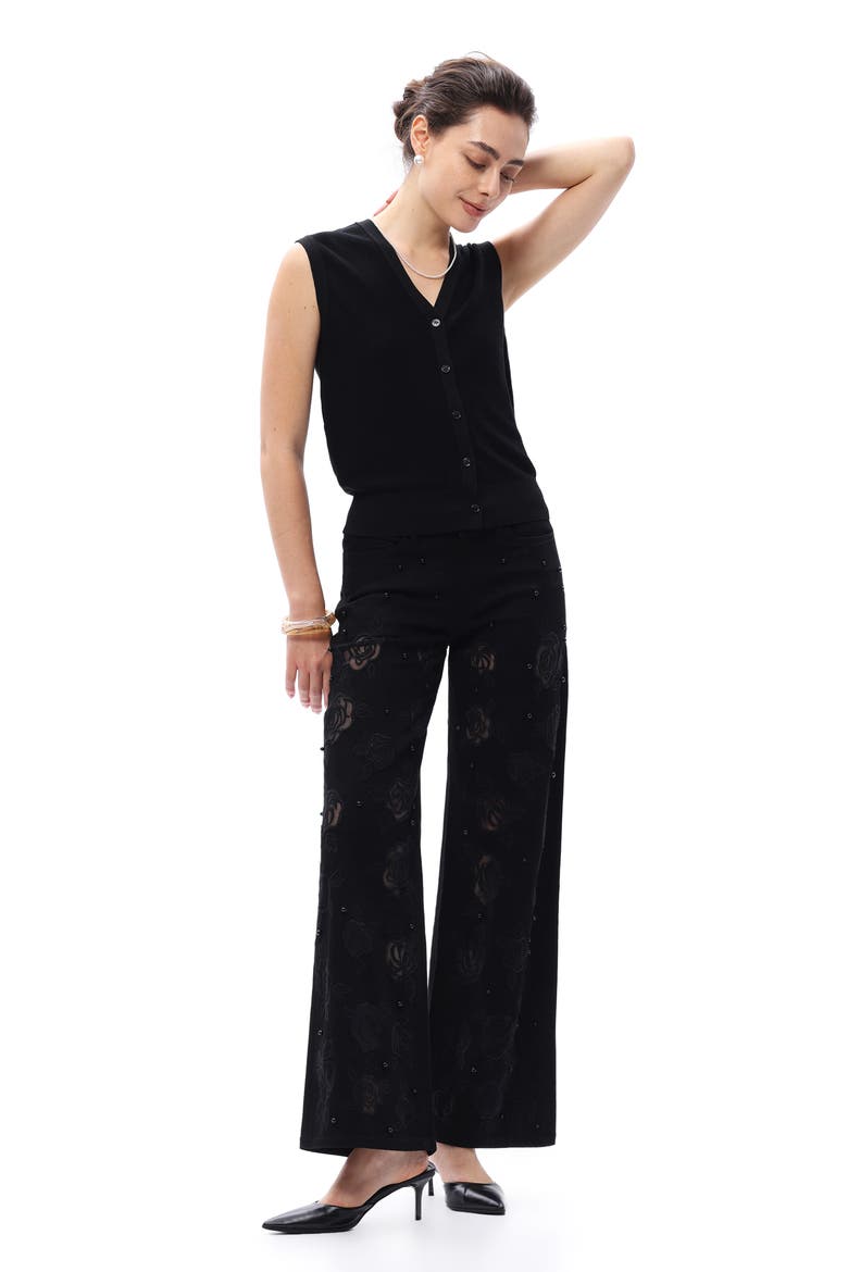 Floral Studded Mid Rise Wide Leg Jeans, Alternate, color, BLACK