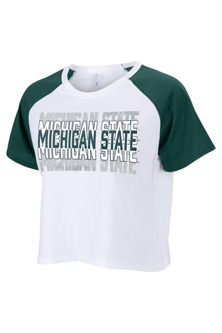 Women's ZooZatz White Michigan State Spartans Colorblock Repeat Raglan Cropped T-Shirt, Alternate, color, White