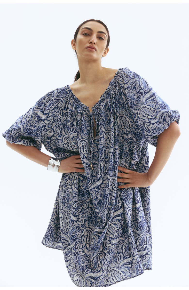 H&M Tie-detail Dress, Alternate, color, Blue/Paisley Pattern