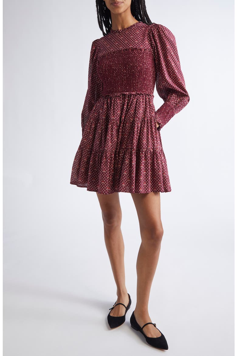 Maeve Scarf Print Long Sleeve Cotton Dress, Main, color, BURGUNDY FOULARD